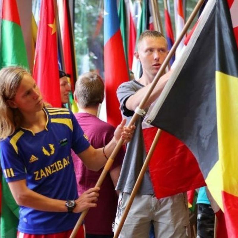Men holding flags